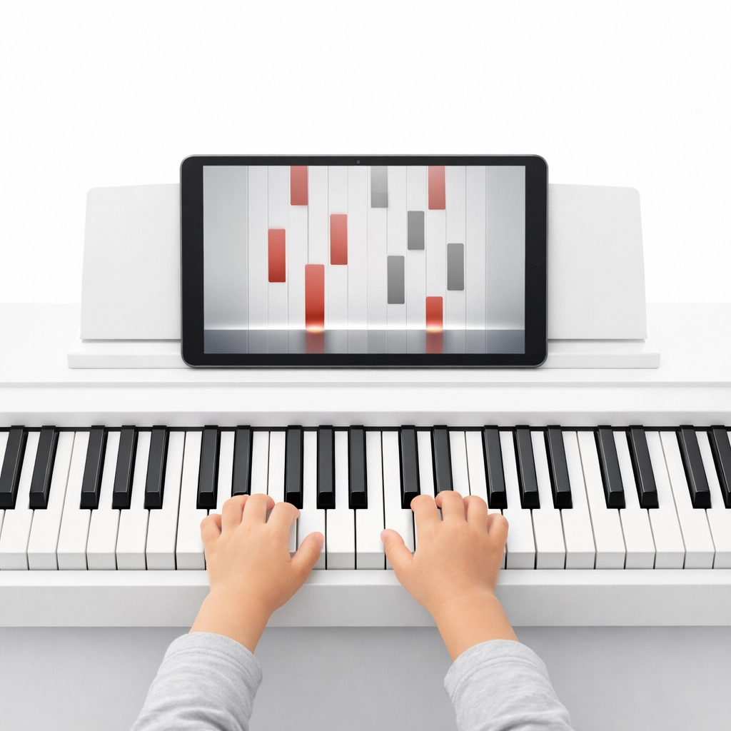A child uses an AI music coach app for engaging beginner piano lessons in a modern home setup.