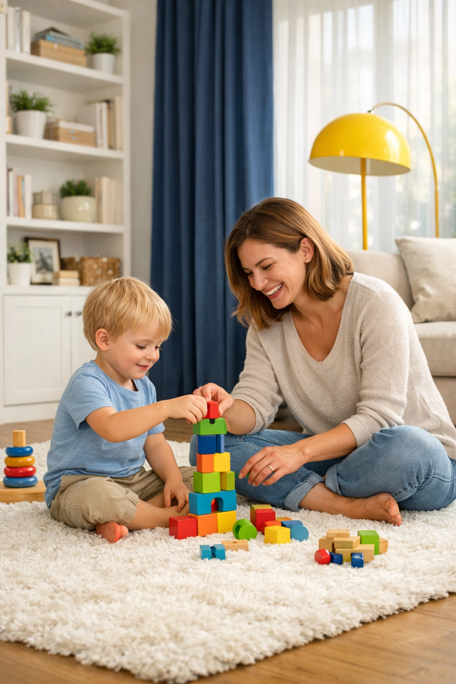 Family playing on a clean white rug in a clutter-free home maintained by professional cleaners.