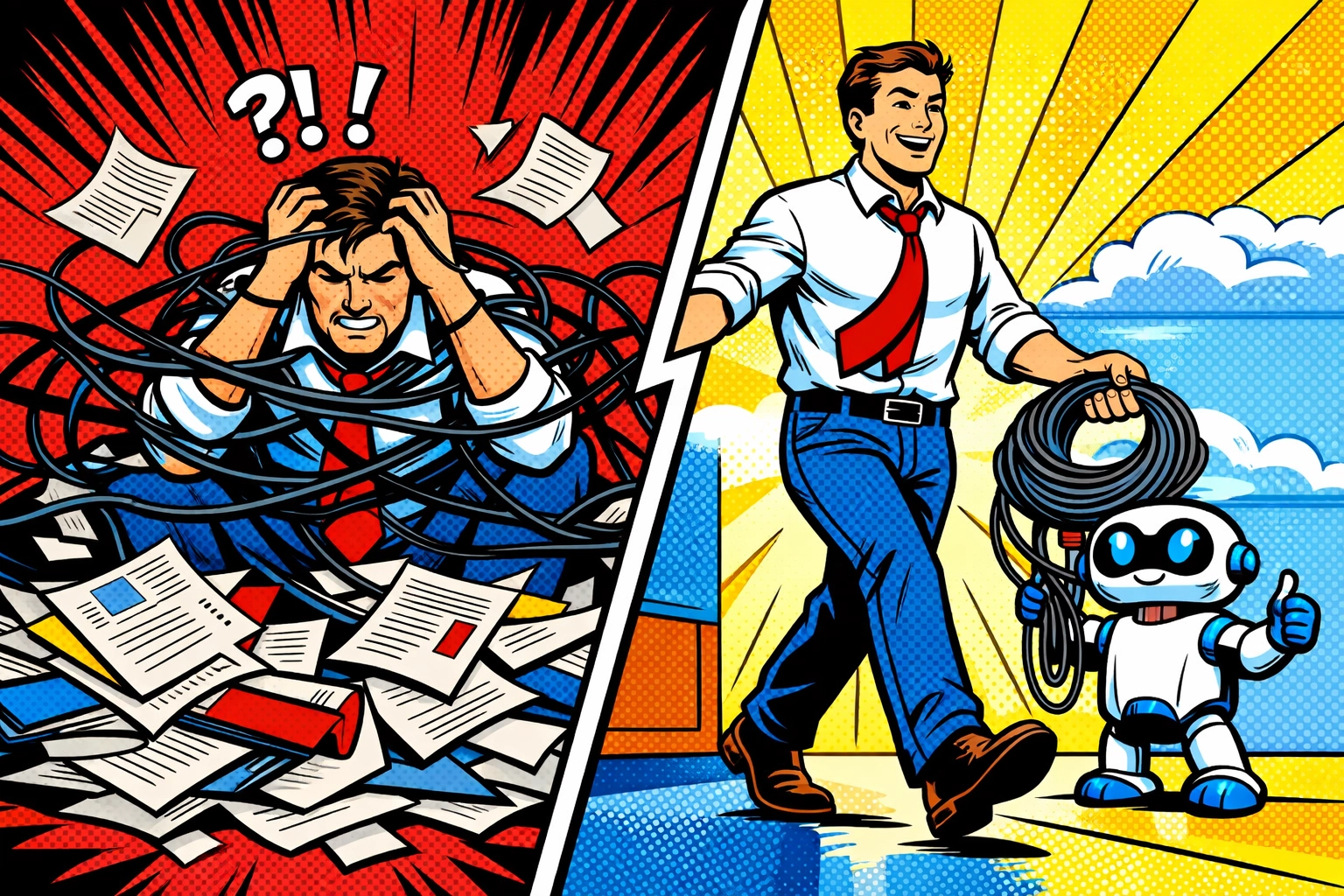 A person transitioning from messy manual paperwork to organized efficiency with business automation.