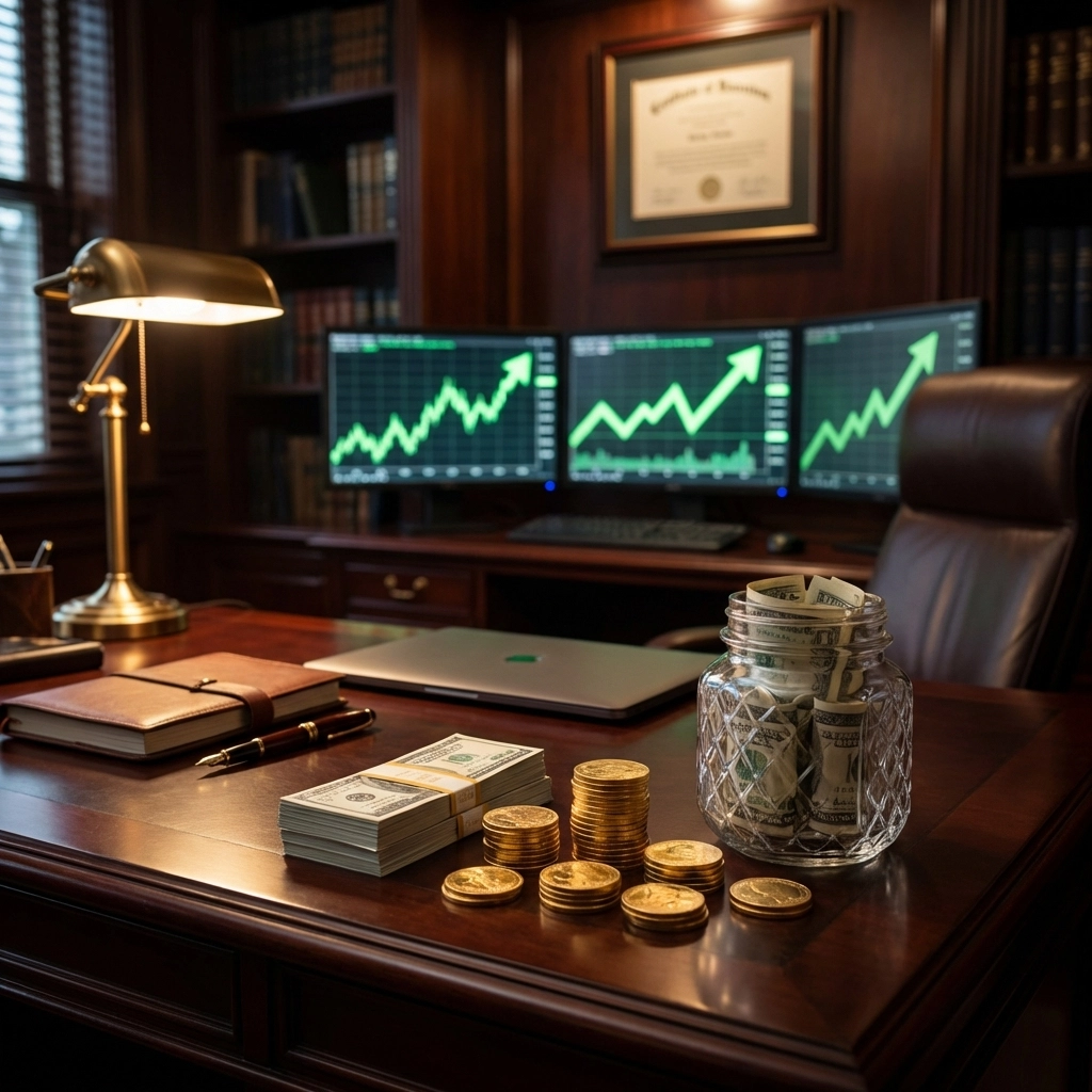 Investor's desk with gold coins, cash, and market charts, symbolizing liquidity and readiness for opportunity