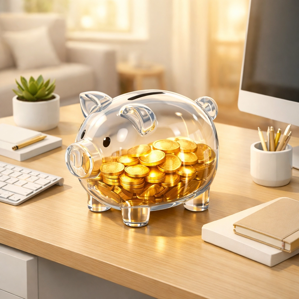 A glass piggy bank with gold coins on a desk, representing personal loan savings and financial planning.