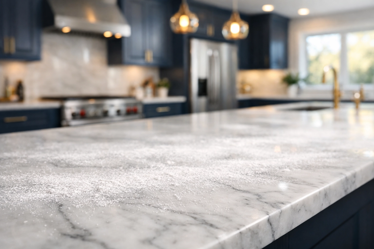Fine drywall dust on a marble countertop needing post construction cleaning Lincoln service.