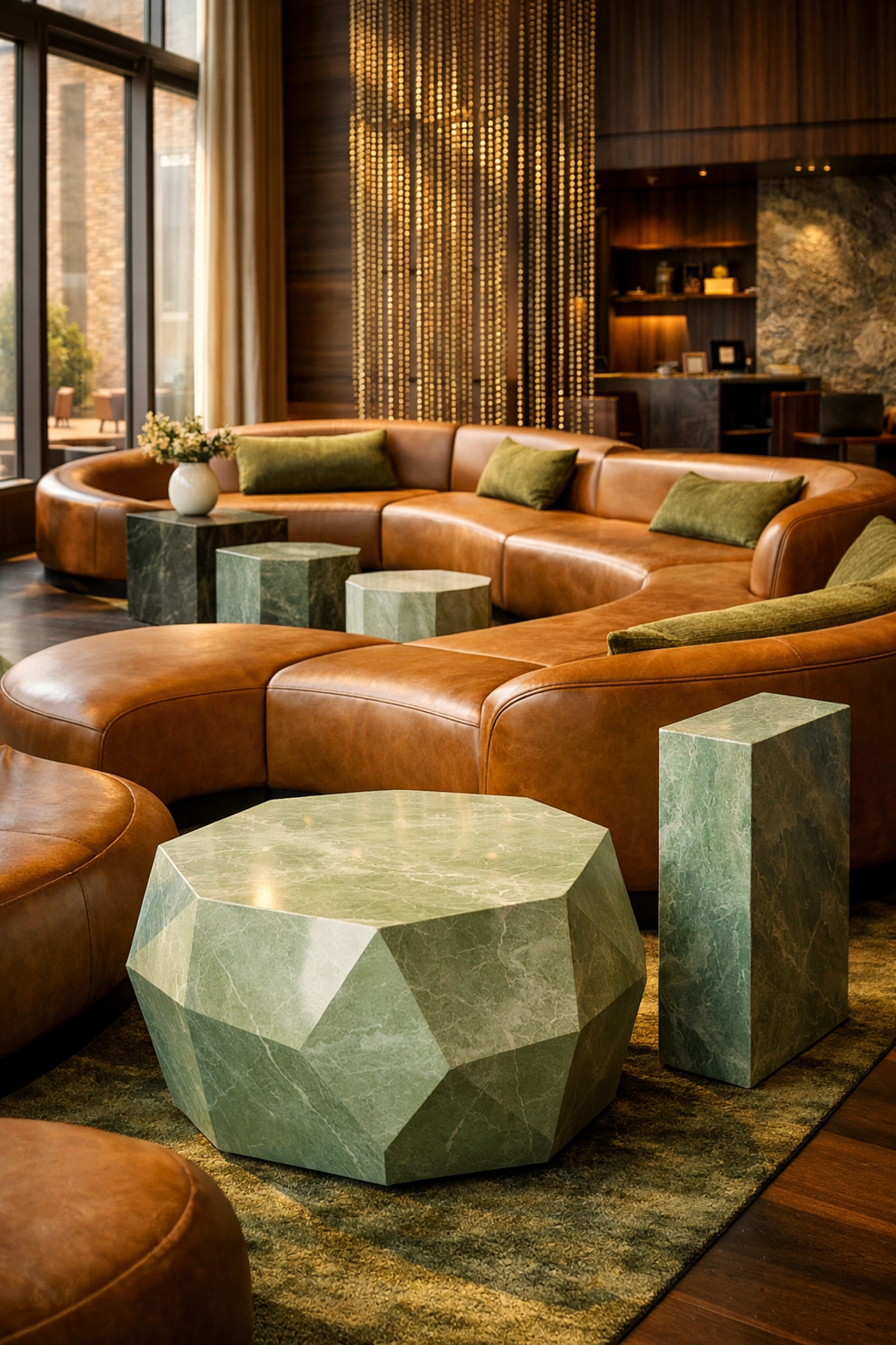 The Atlas Hotel lobby interior with curved seating, marble tables, and natural light in Boston's Allston