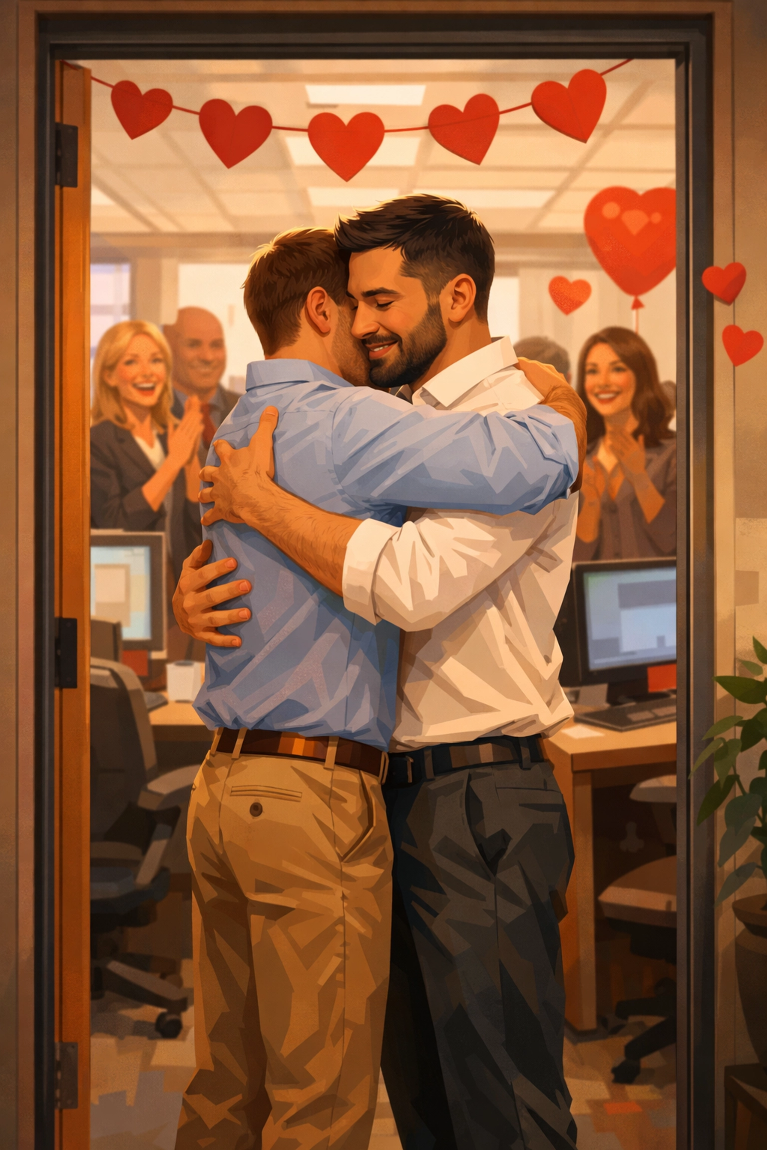 Gay couple embracing in office doorway as coworkers celebrate their coming out moment