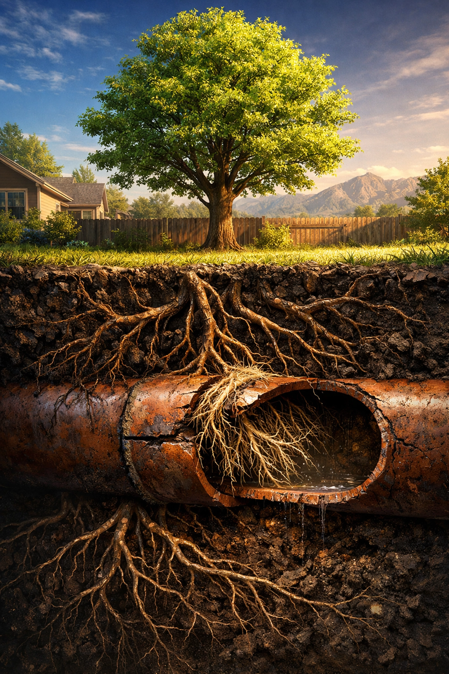 Tree roots infiltrating a clay sewer pipe joint causing a sewer line blockage in Denver.