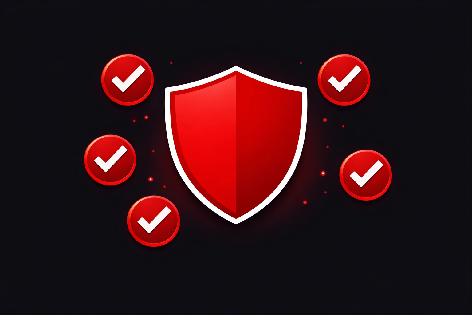 Red security shield and checkmarks showing the importance of SSL certificates and trust signals for trade websites.