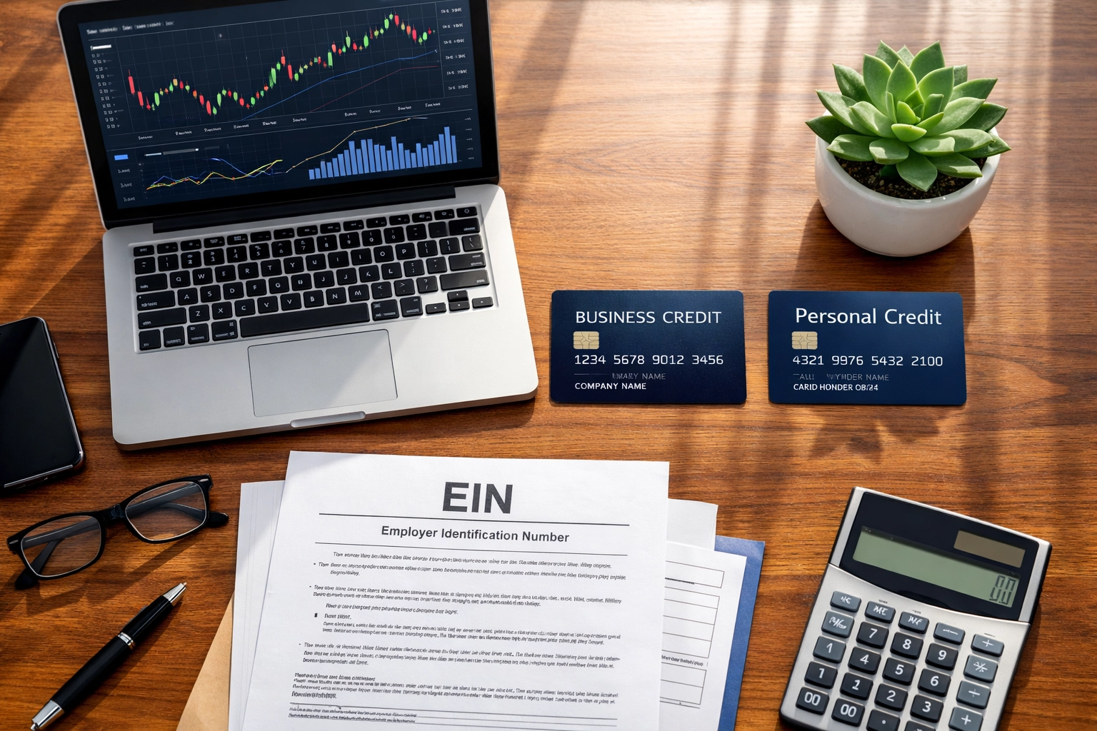 Business credit card and personal credit card separated on desk with EIN documents