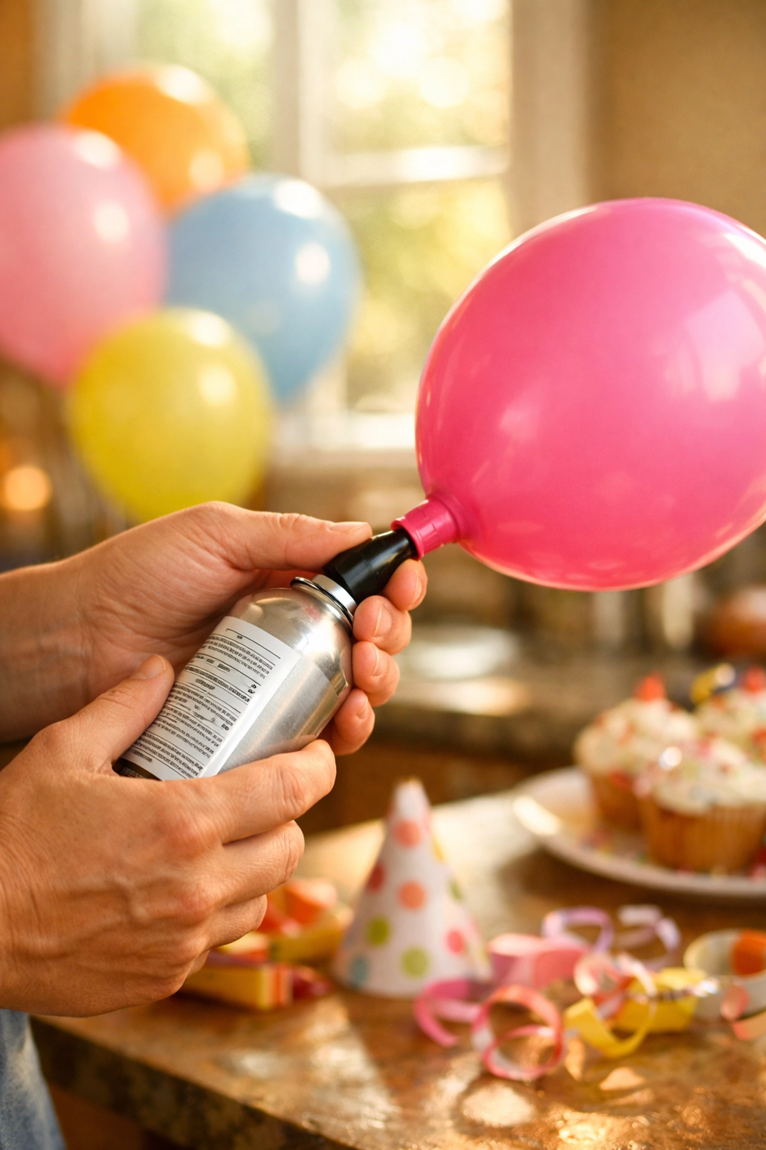 Inflating pink latex balloon with small helium canister at home birthday party