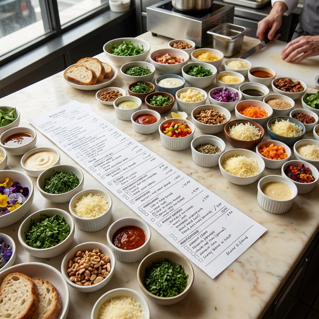 Overwhelming selection of restaurant menu customization options displayed on countertop, illustrating modern dining challenges.