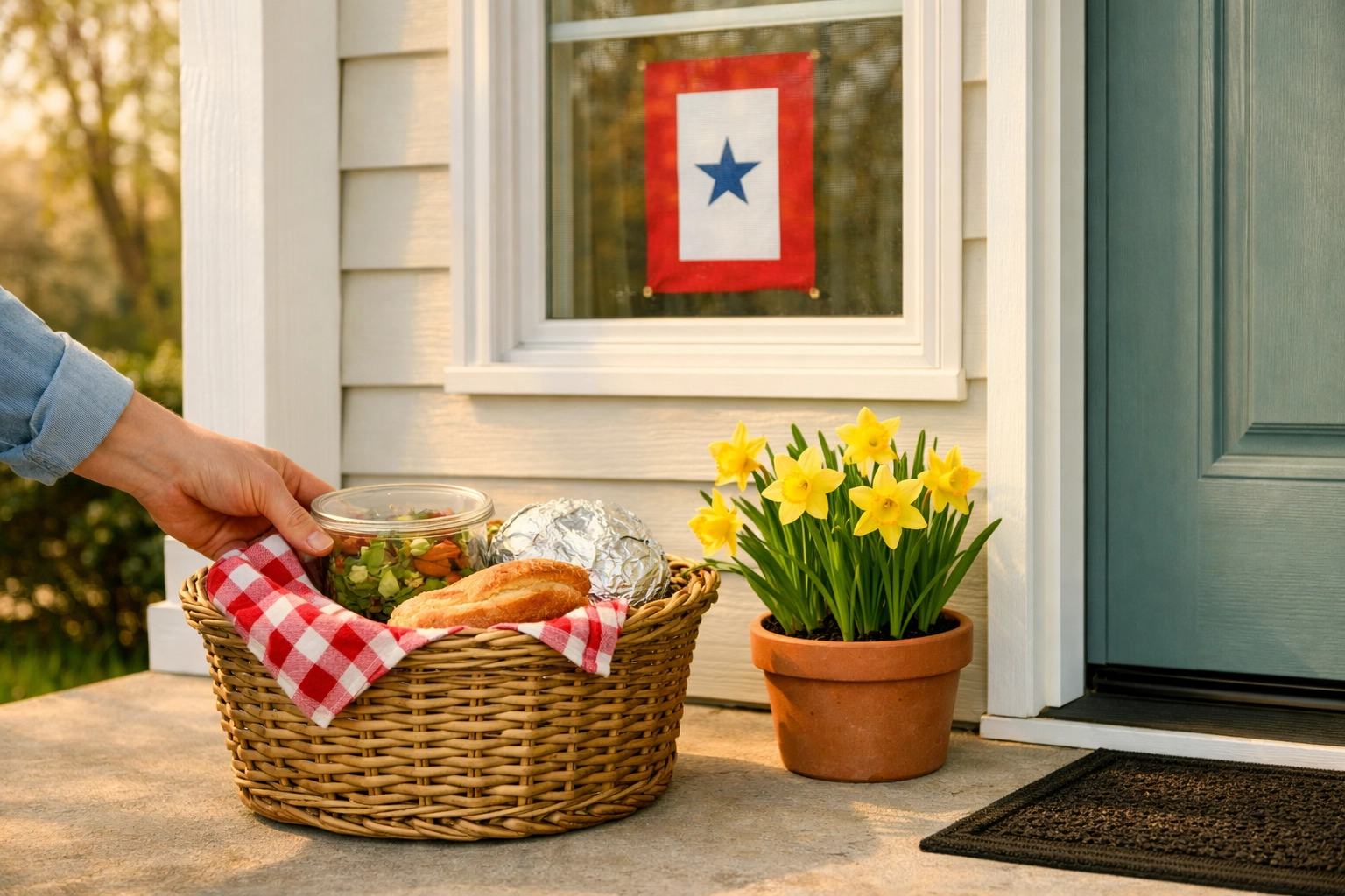 A neighbor leaving a meal on a porch with a Blue Star Service Flag to support military families.
