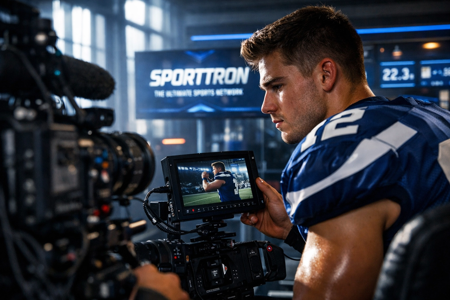 College football player creating professional NIL content in training facility with digital equipment