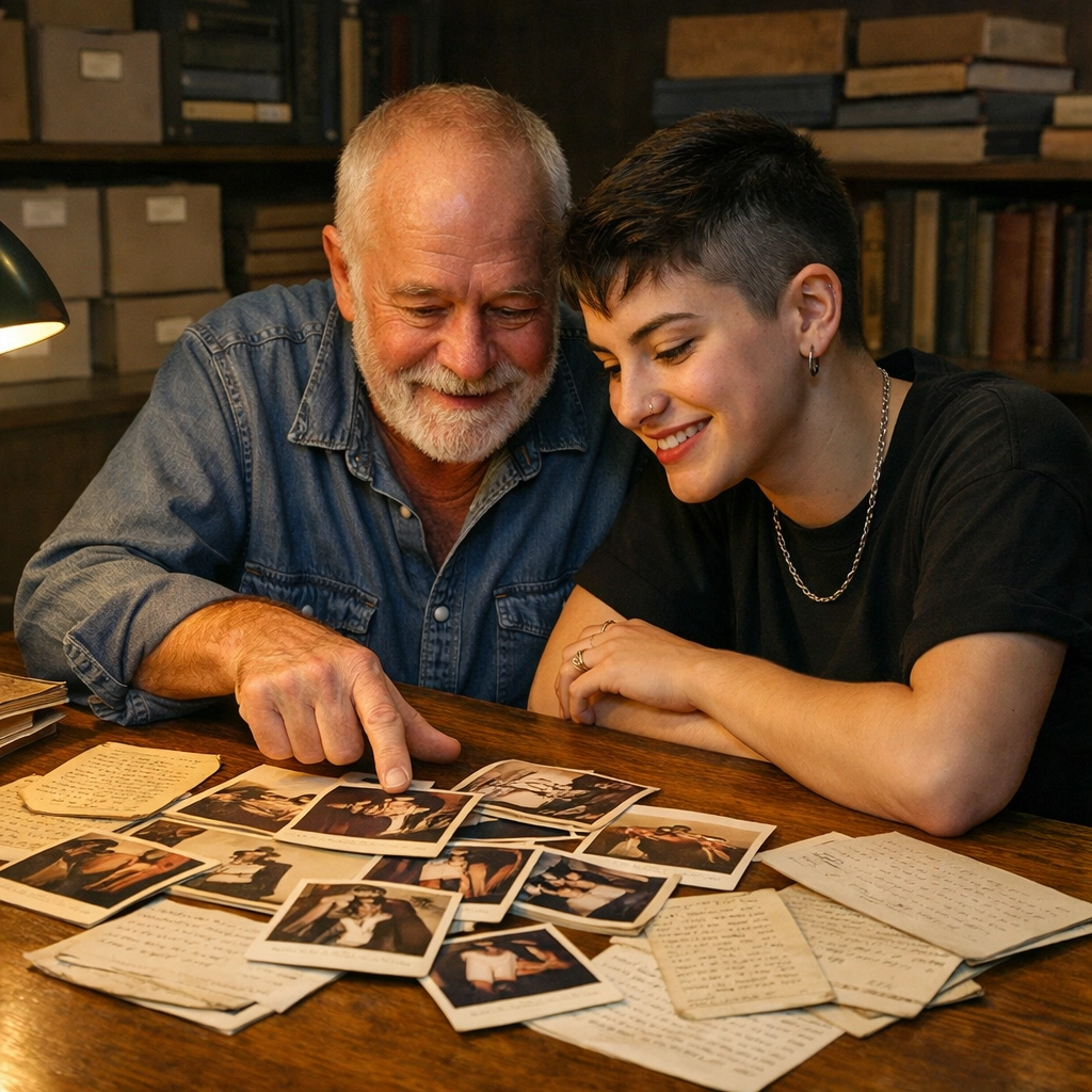 An older gay man and younger queer person exploring historical archives to connect with their chosen family.