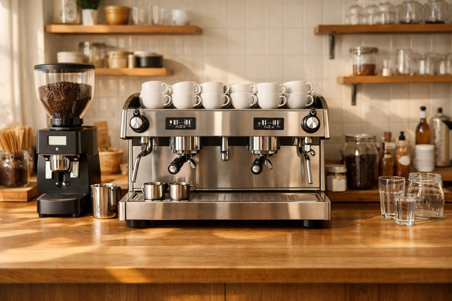 Stylish café counter with professional espresso equipment, a key part of setting up a successful coffee business.