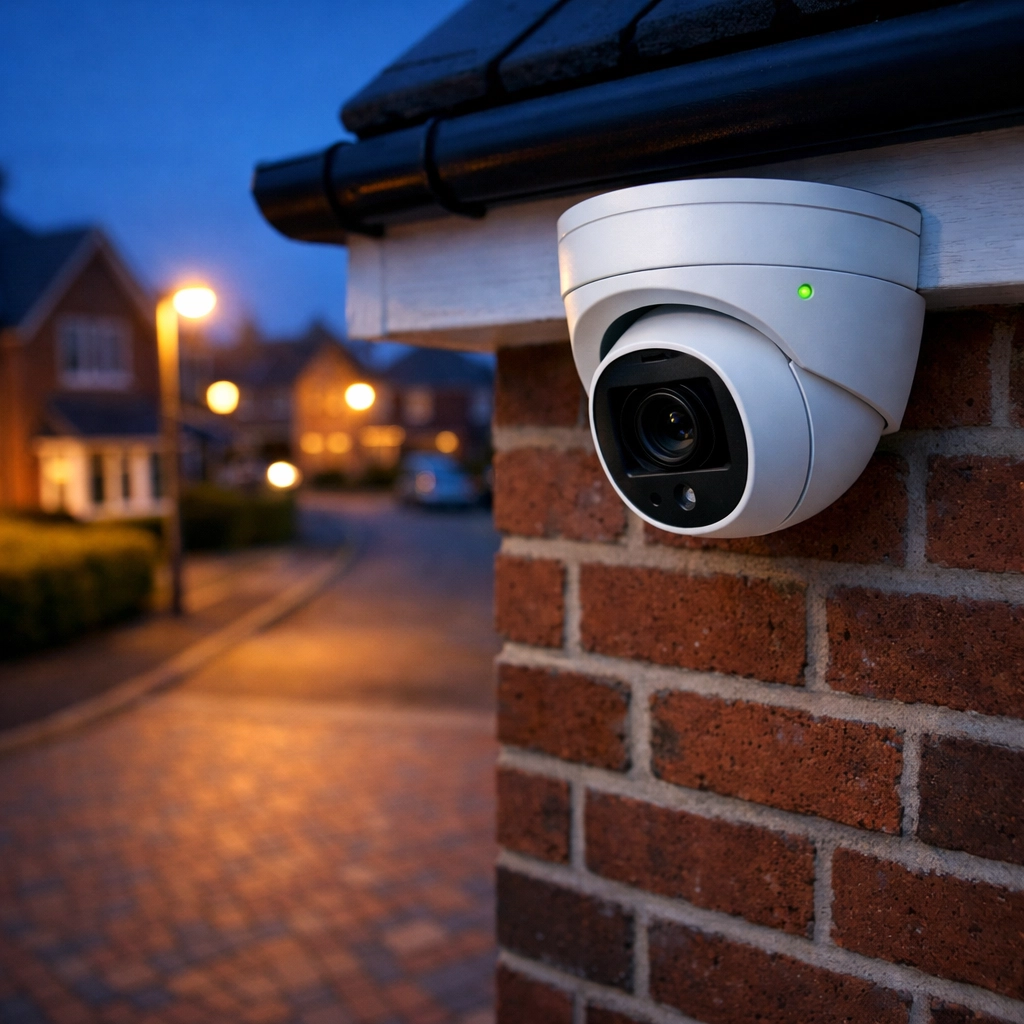 A modern white turret security camera installed on a red-brick Southampton home for 24/7 crime deterrence.