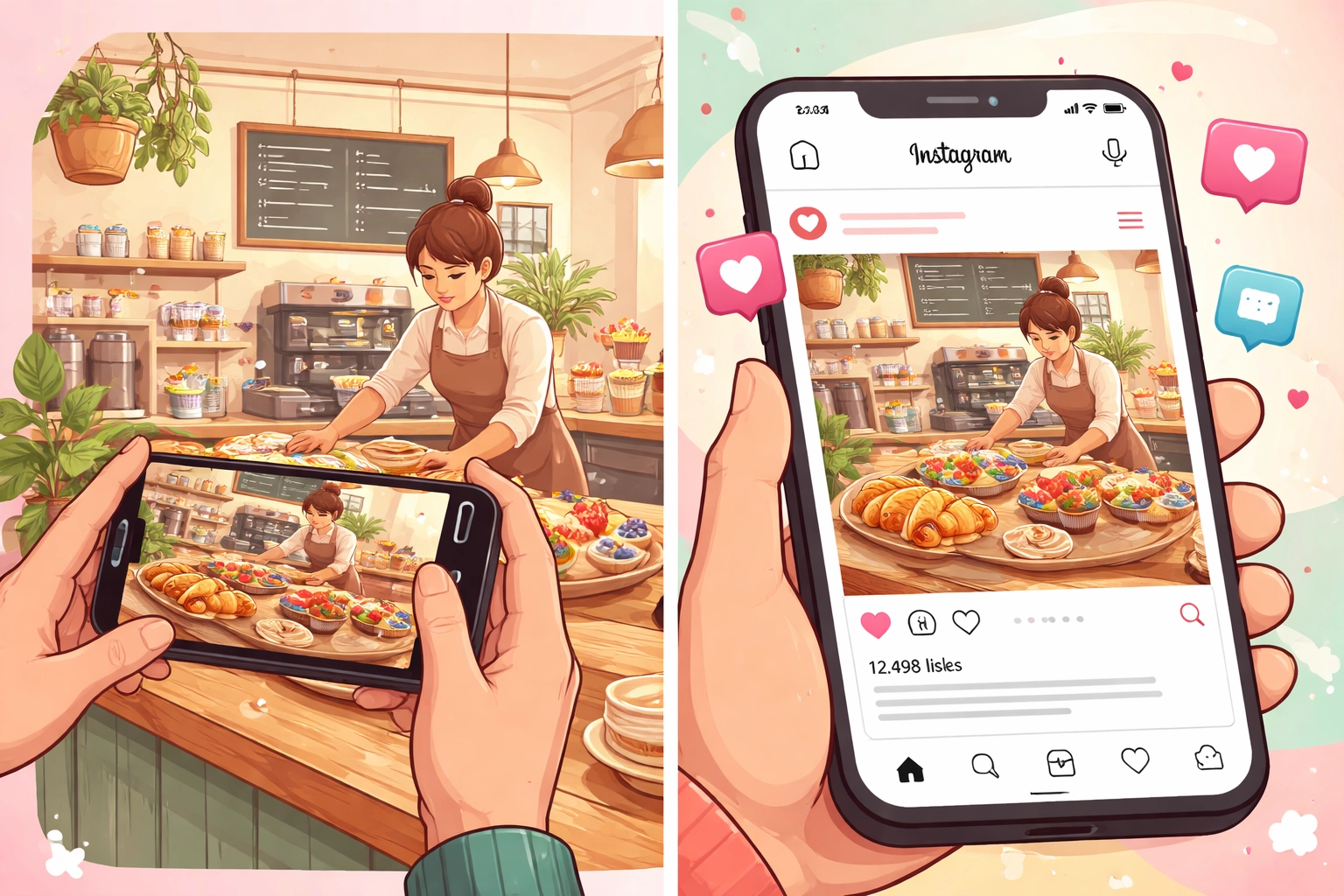 Illustration of a café behind-the-scenes moment being shared as an engaging Instagram post, highlighting social media marketing for Summerville businesses