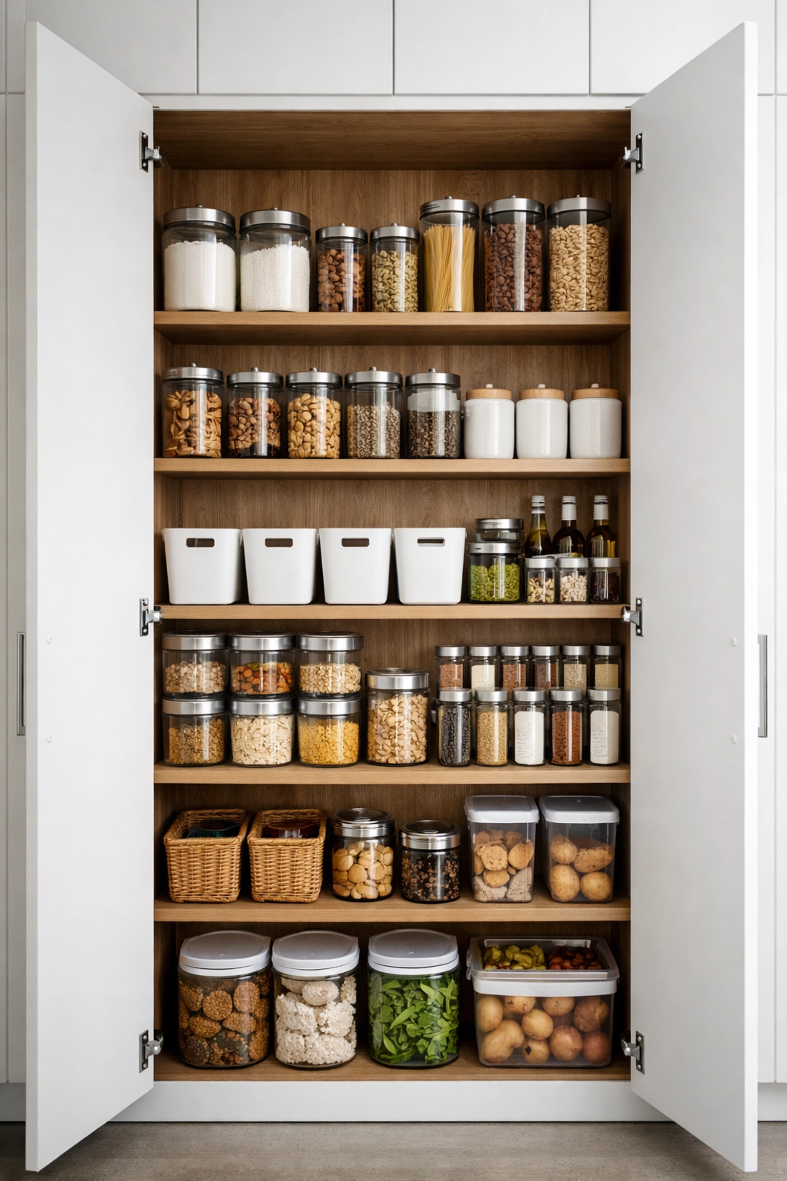 Organized interior of a tall white pantry cabinet with clear glass storage canisters and uniform jars.