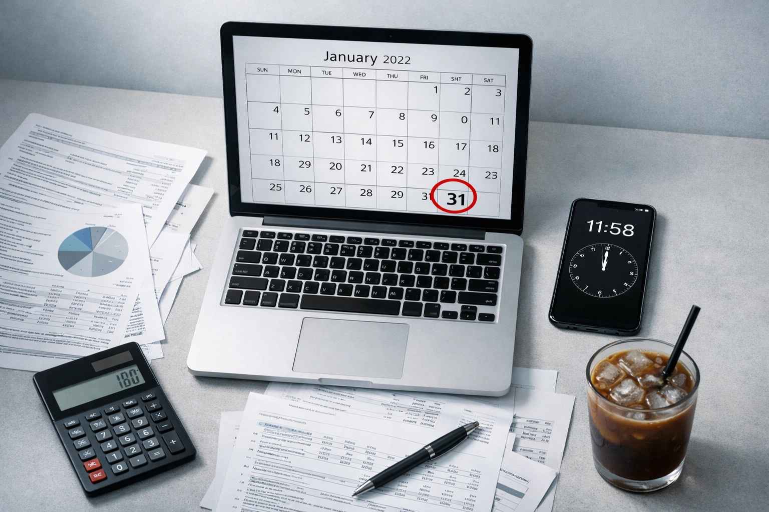 Desk workspace with laptop showing January 31st HMRC Self Assessment tax deadline, financial documents and calculator