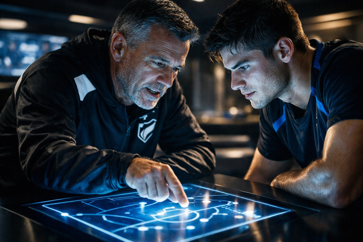 Coach and athlete reviewing performance film together, emphasizing personalized sports mentorship and growth.