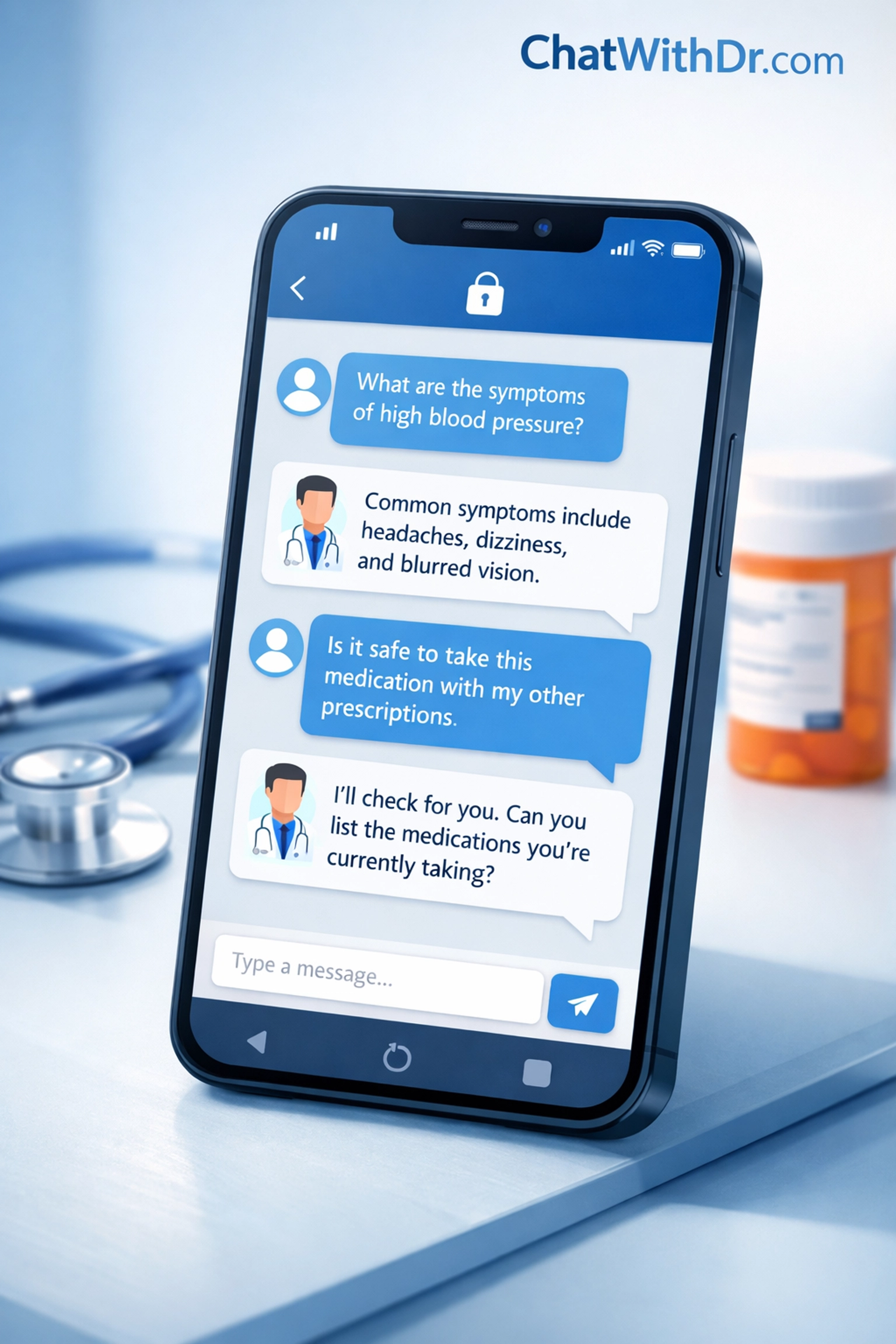 Smartphone displaying secure text-based medical consultation for online weight loss prescription