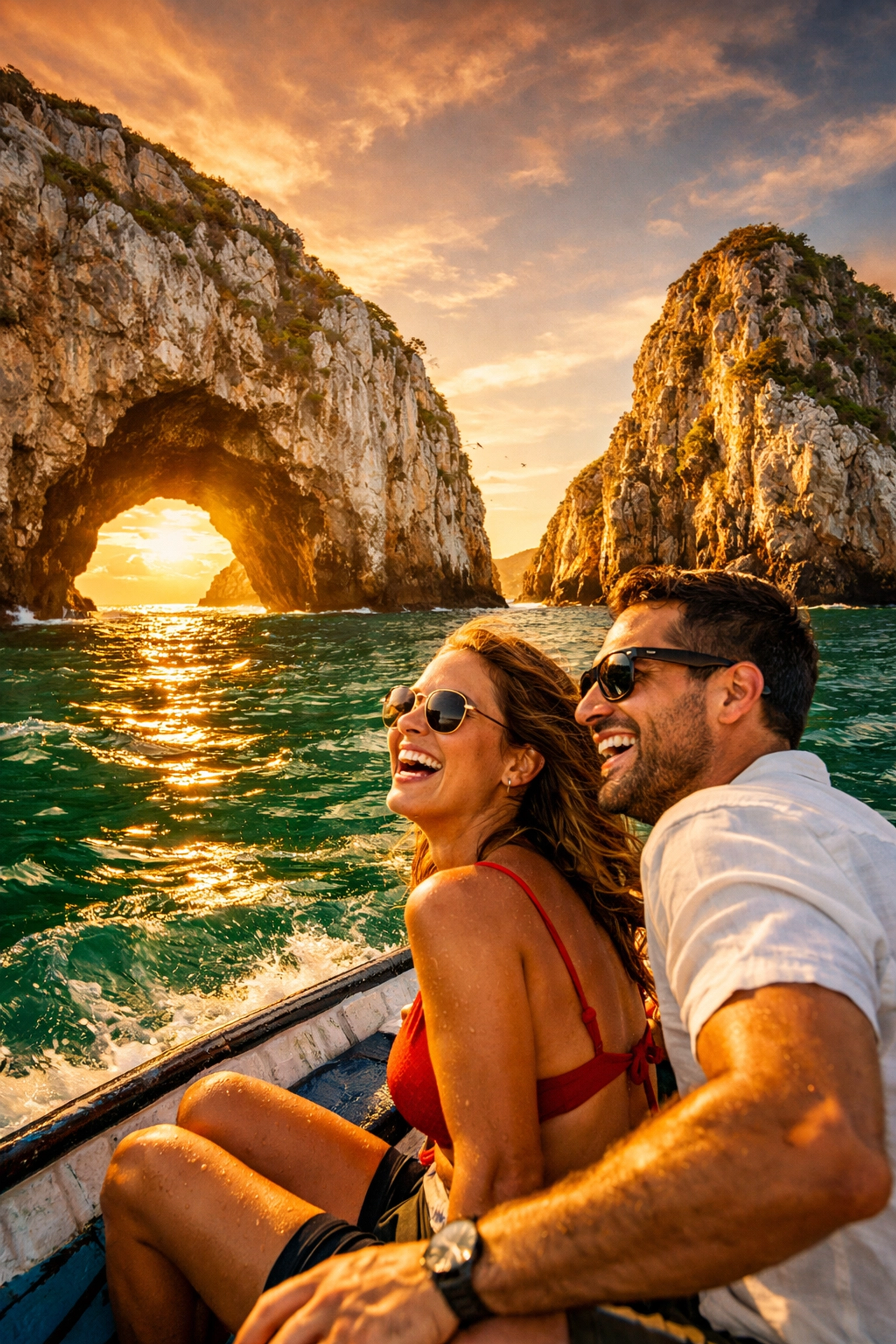 Couple on a romantic boat ride near Los Arcos rocks during a vacation in Puerto Vallarta rental condos.