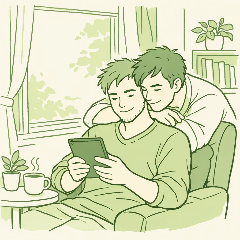 A gay couple sharing a quiet moment reading an MM romance ebook together in a comfortable home.