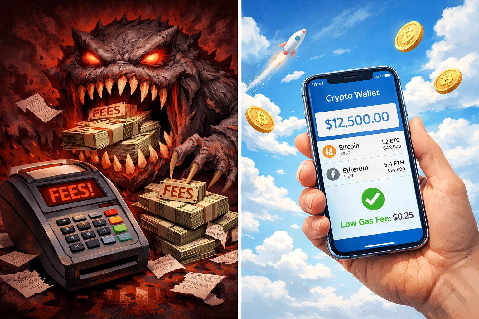 Comparison of high traditional payment fees versus low-cost crypto wallet transactions