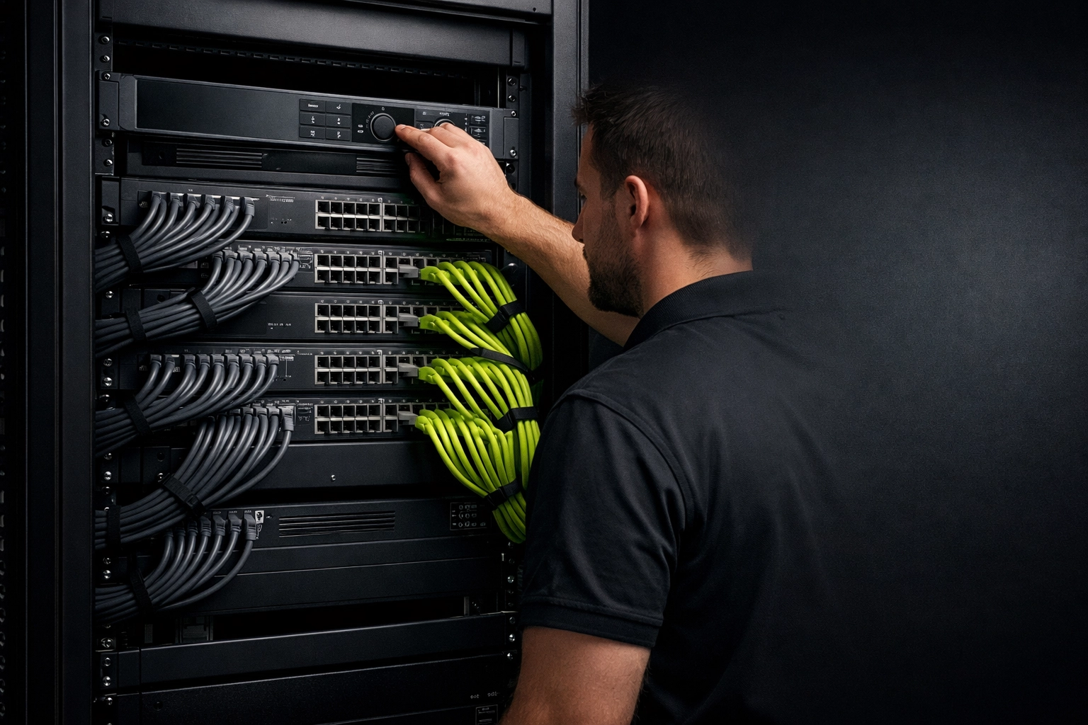 Organized server rack showing converged IT and security infrastructure in a Midwest office.