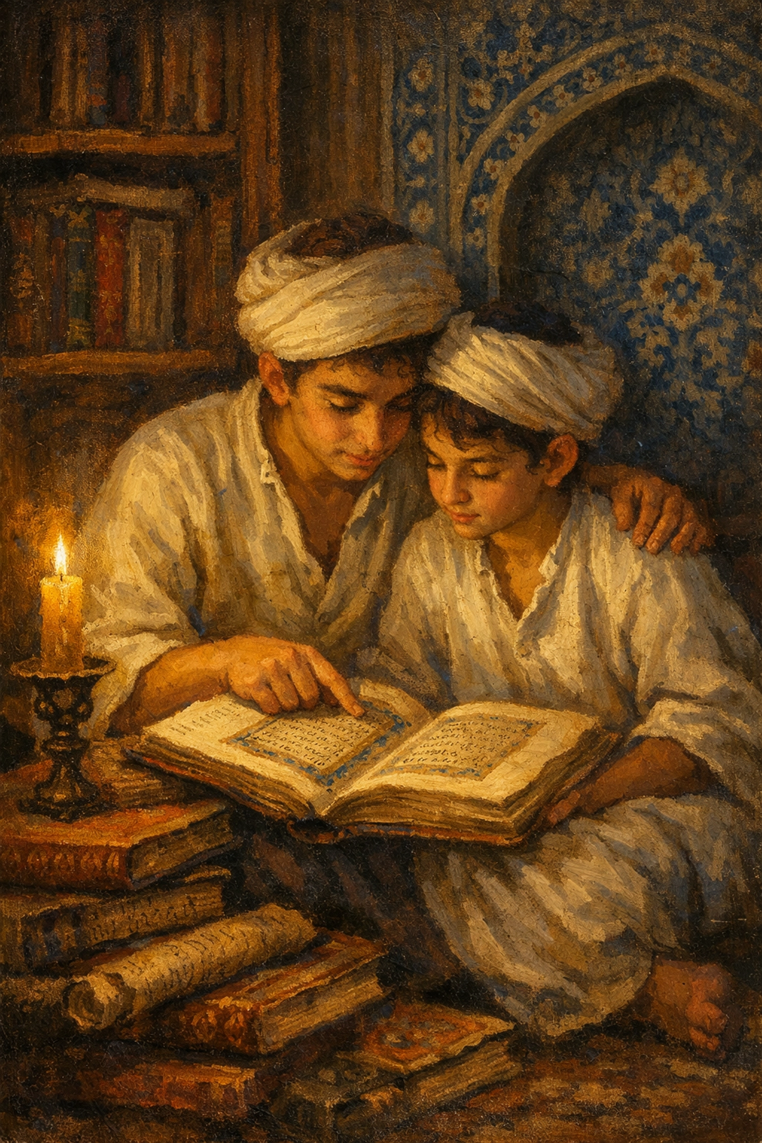 Ottoman palace students in intimate embrace studying together - LGBTQ+ history in the Enderun