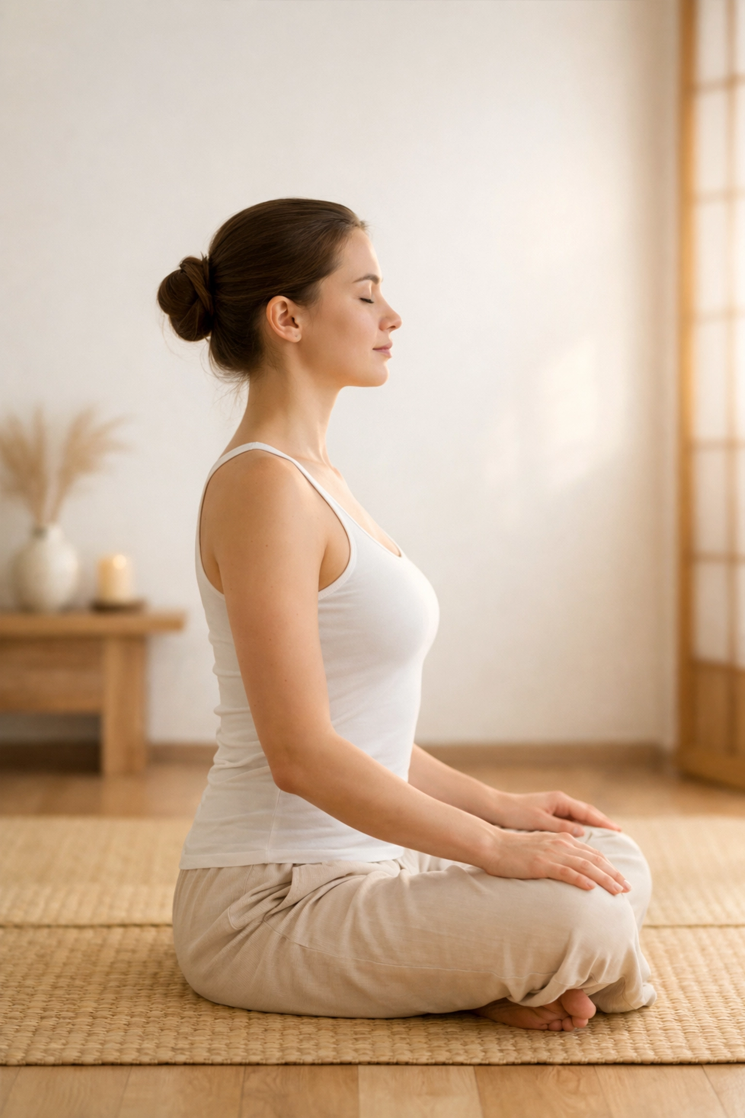 Person sitting in a balanced posture while practicing restorative deep breathing for energetic coherence.