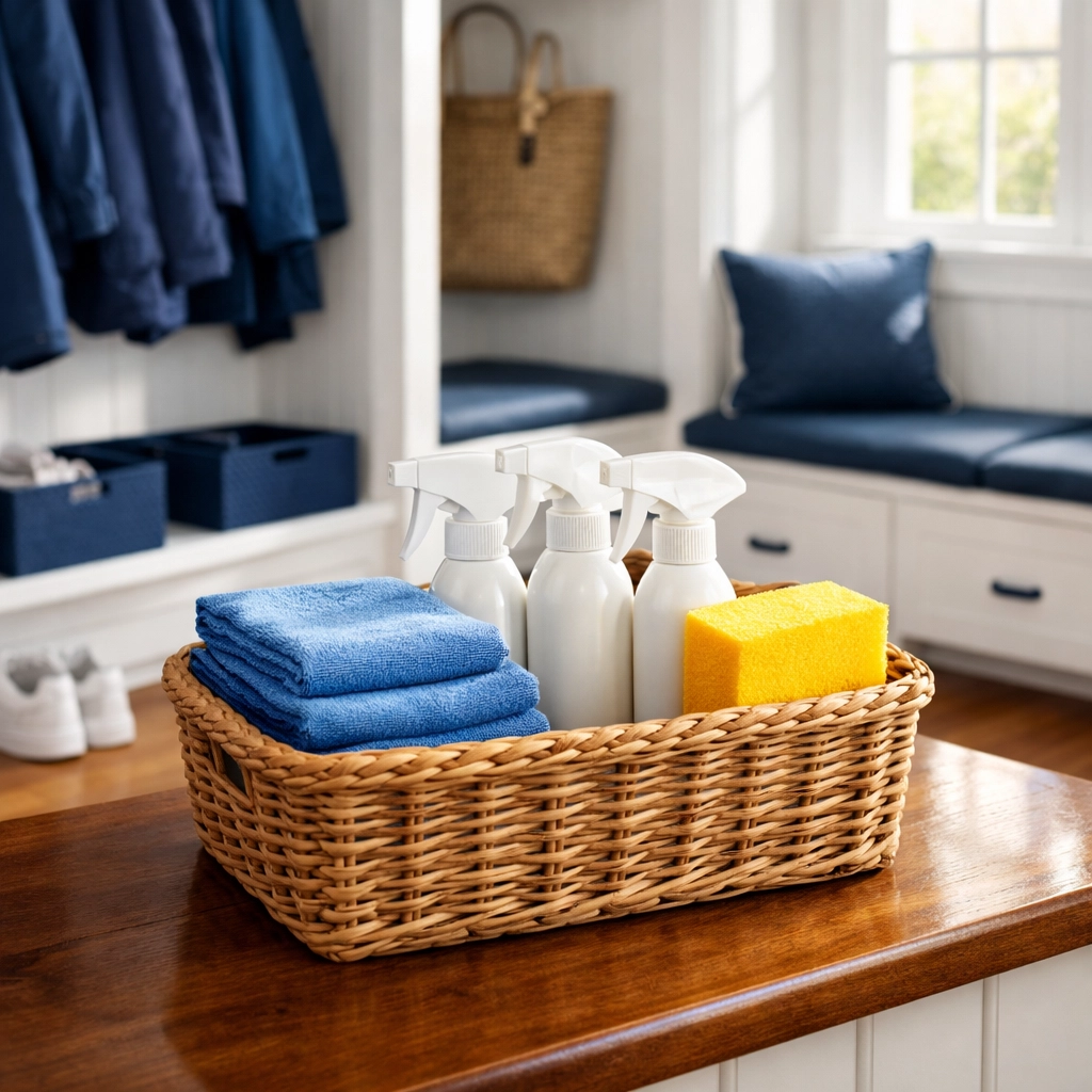 Organized cleaning supplies in a Natick mudroom ready for seasonal spring house cleaning.