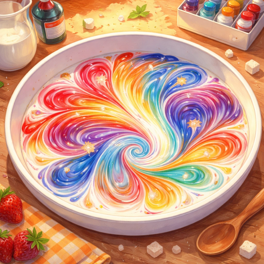 Colorful swirls burst in a milk dish during the magic milk experiment for kids at home