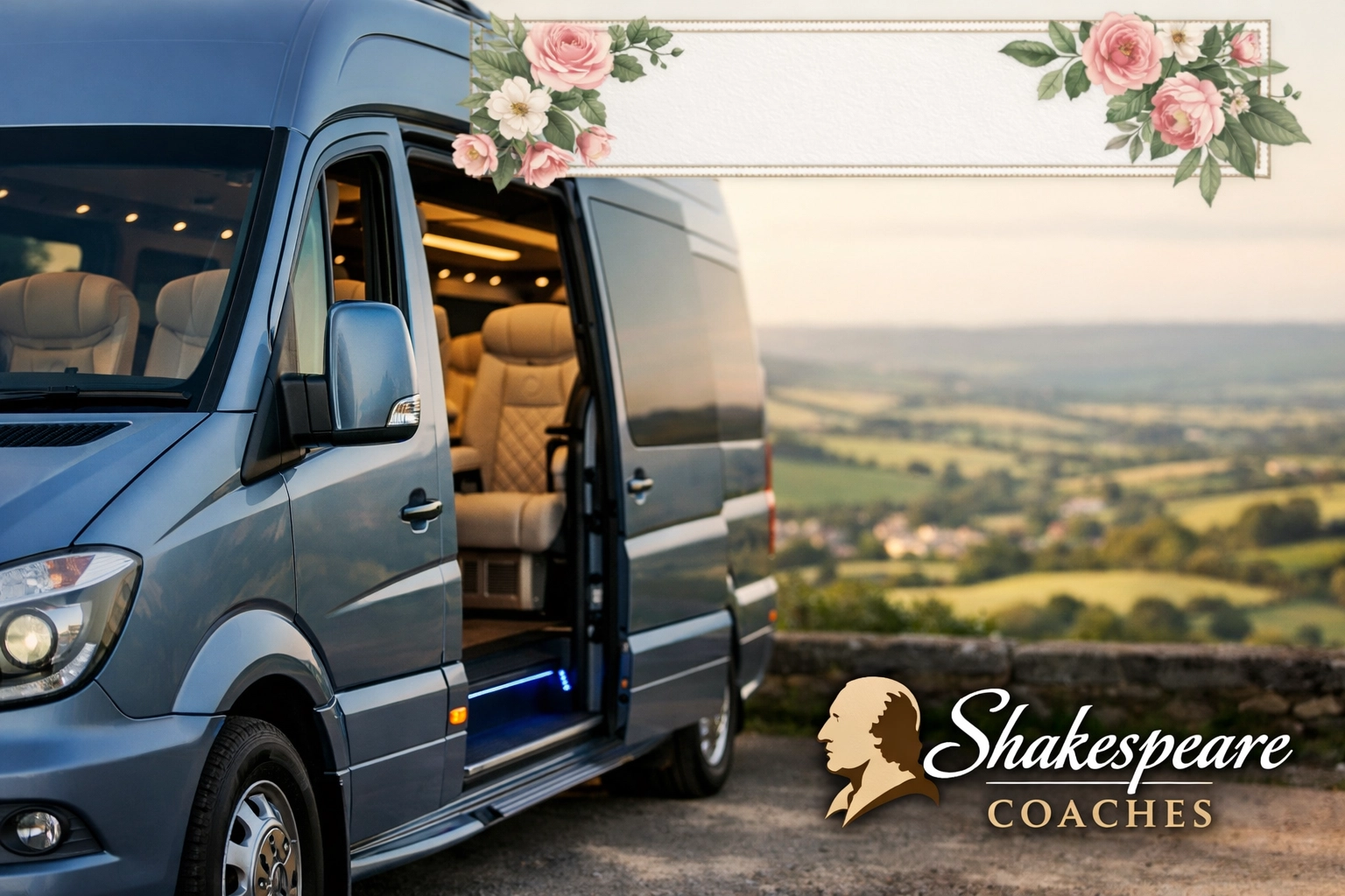 A luxury Silver Blue Mercedes minibus parked at a scenic Cotswold viewpoint, perfect for tours from London.