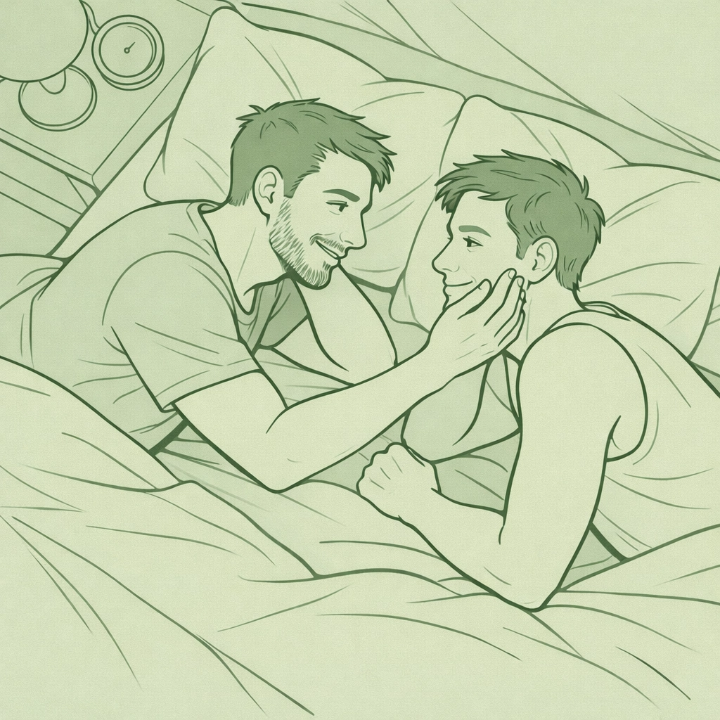 MM couple building emotional connection through intimacy exercises on bed