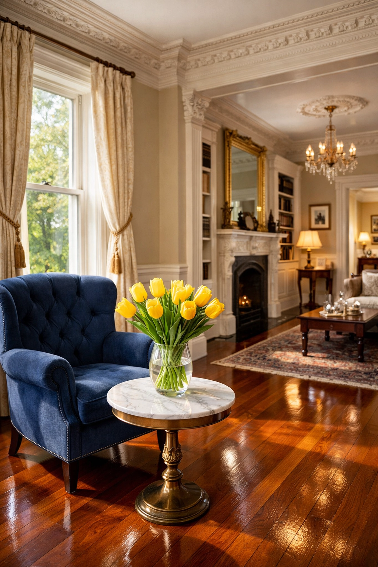 Professionally cleaned Victorian living room in West Cambridge showing high-end house cleaning Cambridge MA results.