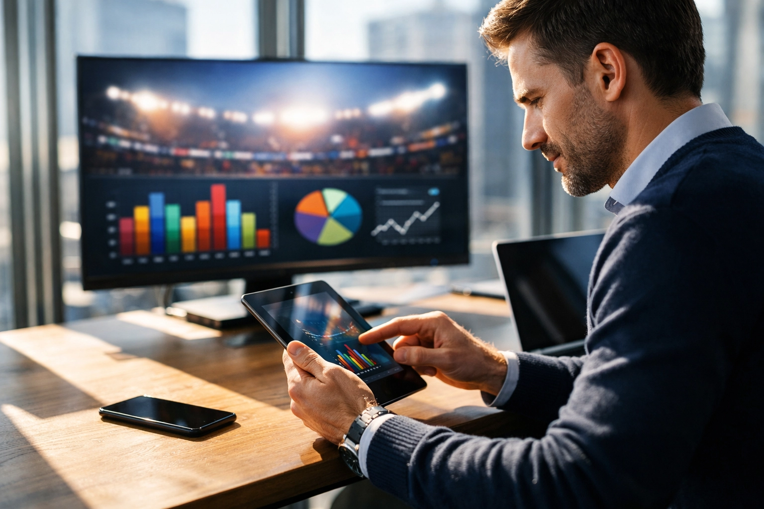 Marketing executive planning a multi-channel Super Bowl advertising strategy in a modern office.