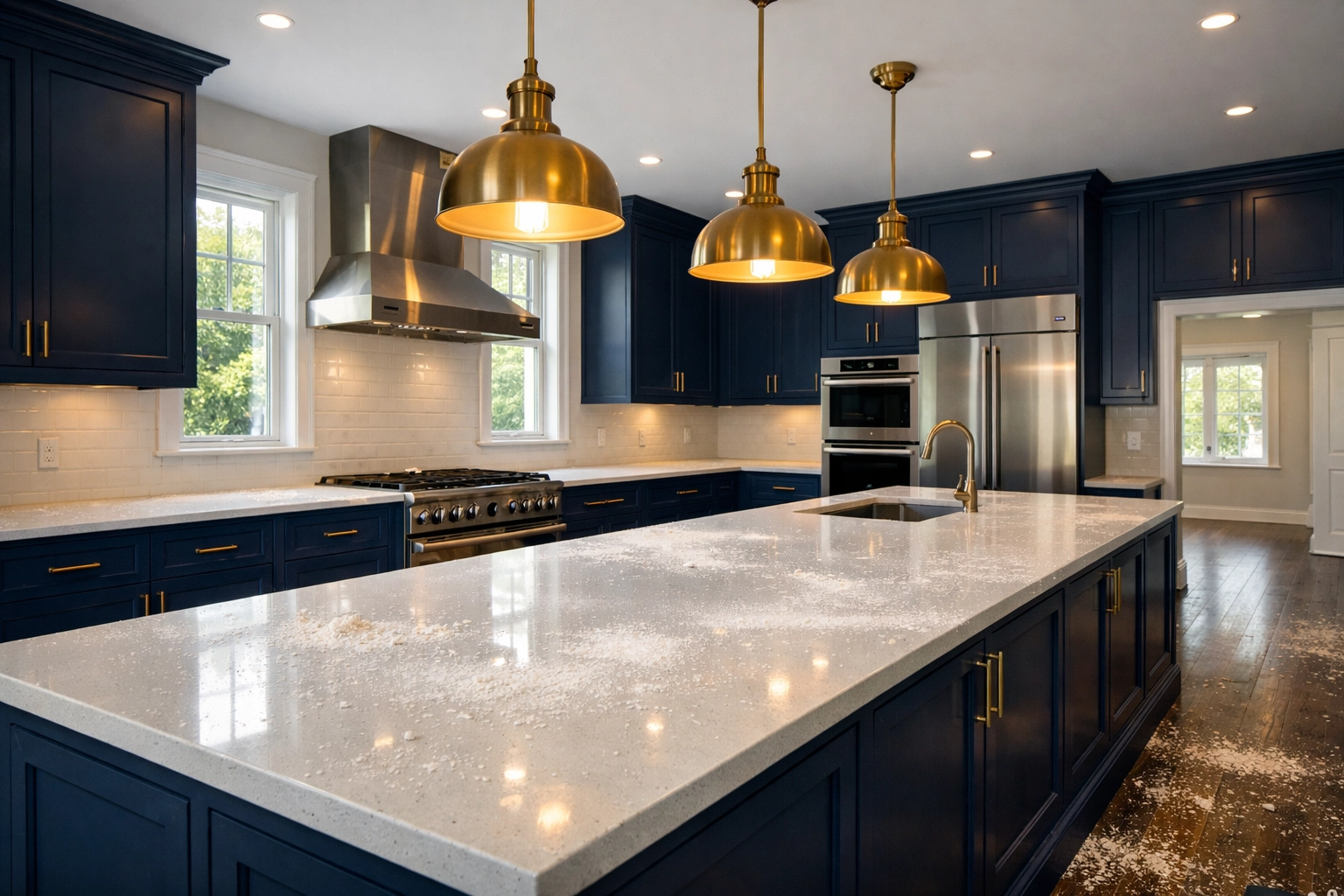 Fine drywall dust on a luxury kitchen countertop during post construction cleaning in Southborough.