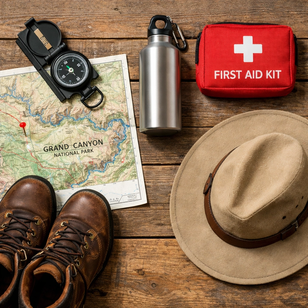 Essential hiking gear and safety equipment for a Grand Canyon conservation school trip.