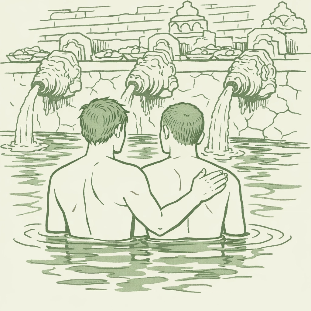 Two men in Tirta Empul temple purification pools, Bali sacred water ceremony