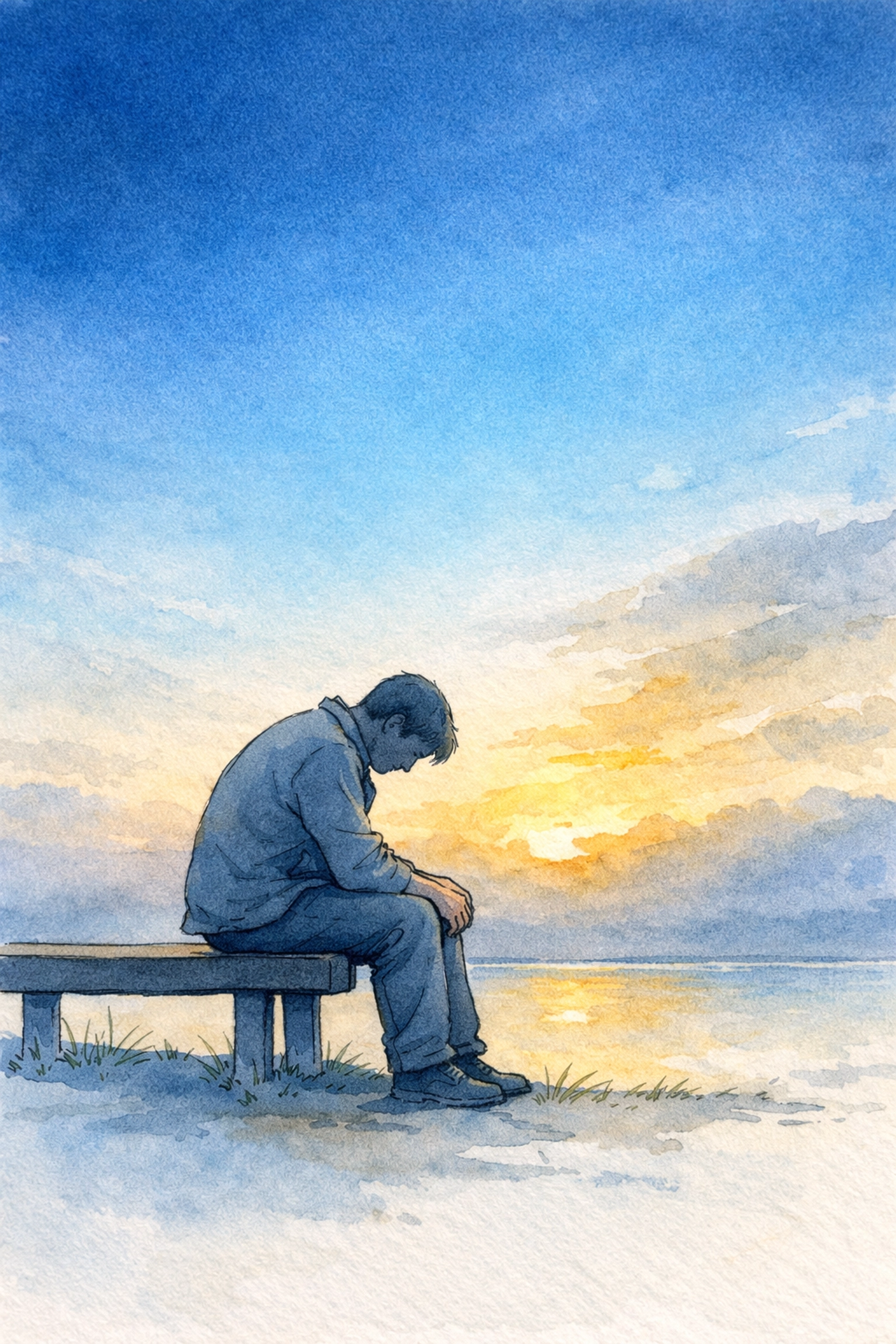 Person sitting alone at dawn in prayerful surrender, recognizing burnout and seeking God's healing