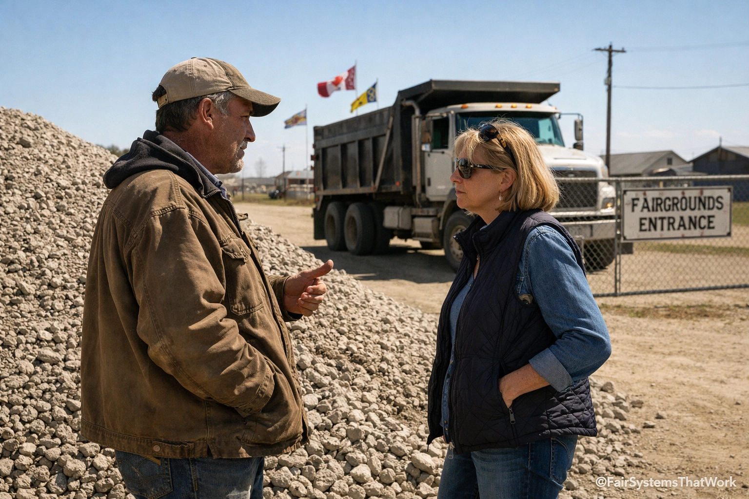 Board member and contractor discussing a gravel deal at a Canadian fairground entrance.