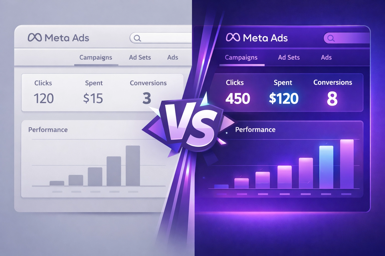 Meta Dashboard Vergleich: Angezeigte 3 Conversions vs. tatsächliche 8 Conversions durch Tracking-Verluste