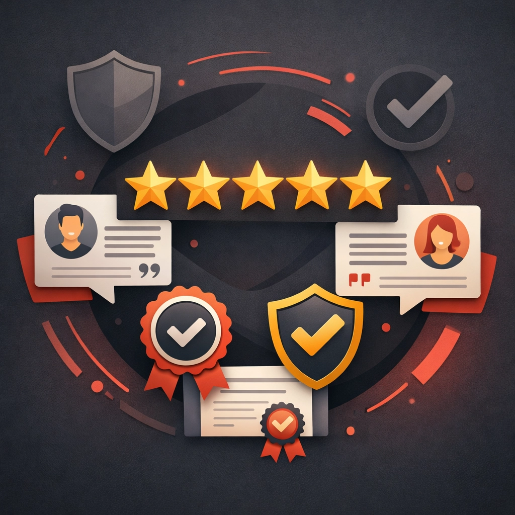 Website trust signals including customer reviews, testimonials and certification badges