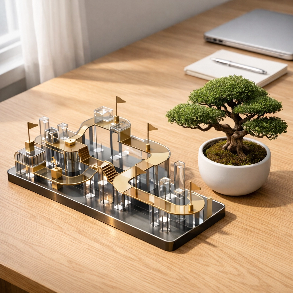 A professional workspace featuring a growth roadmap model and bonsai tree, symbolizing strategic business growth consulting.