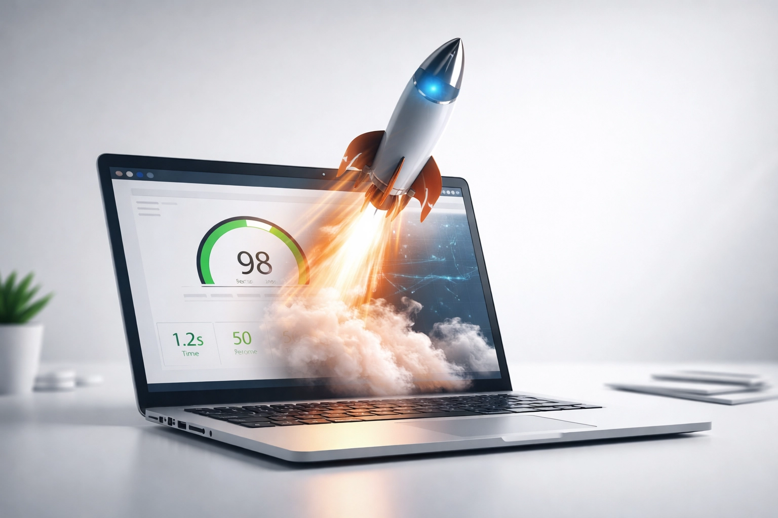 Ordinateur portable avec une fusée qui décolle, représentant l’optimisation de la vitesse de chargement pour booster un site web en Tunisie