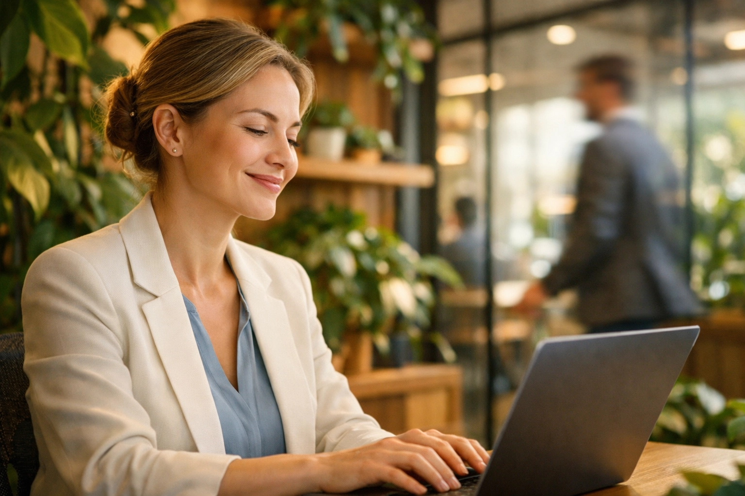 A professional woman smiling at her laptop after a successful ServiceNow automation workflow implementation.