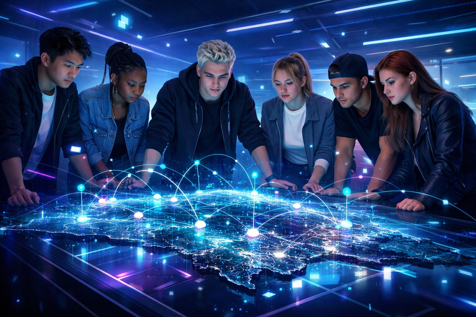 Gen Z professionals analyzing a high-tech holographic map representing a diverse global recruitment talent pipeline.