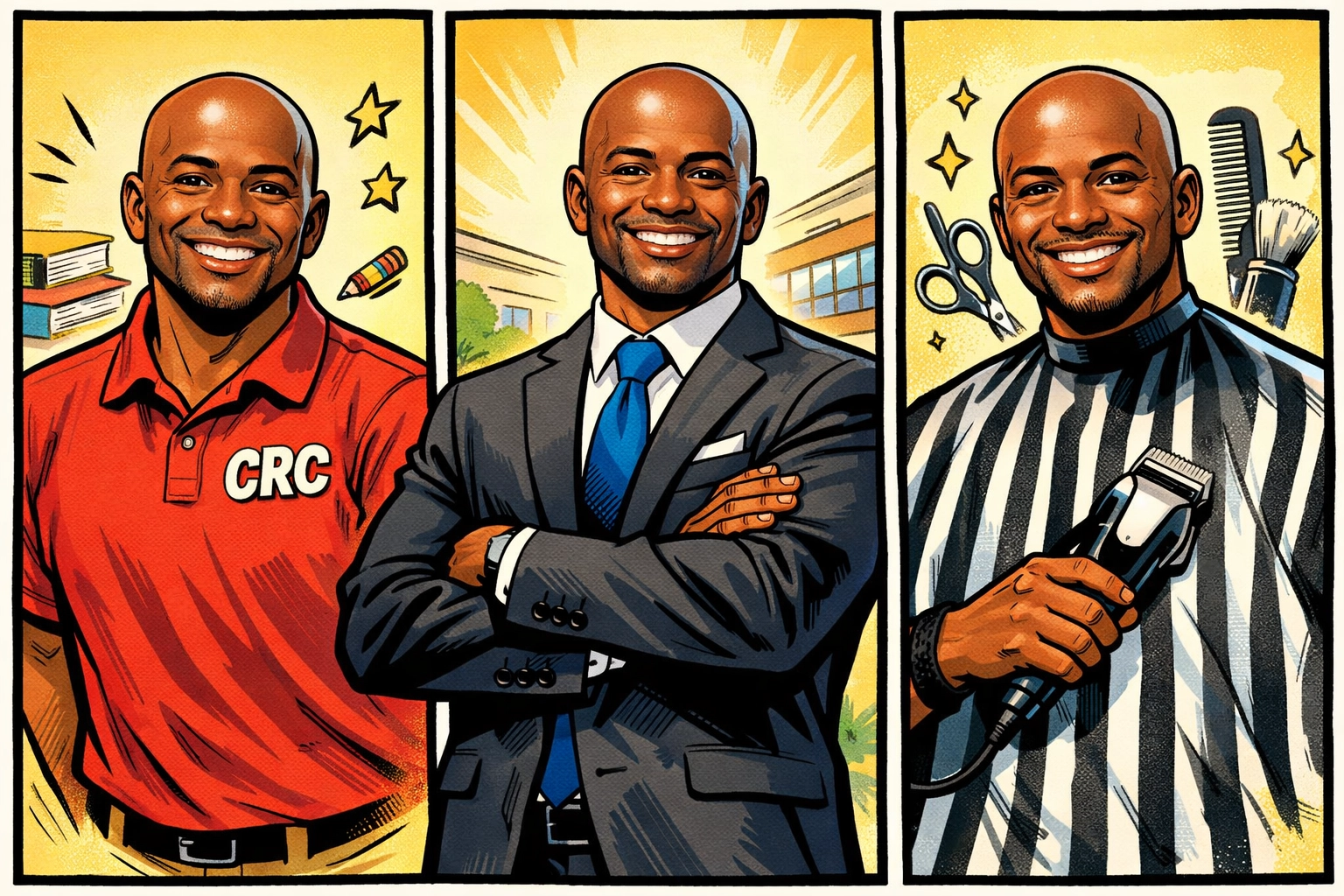 Professor Antonio shown in three roles: CRC educator, professional mentor, and barbershop literacy guide