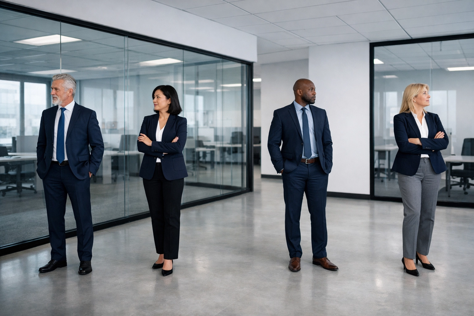 Misaligned leadership team in office symbolizing governance gaps in AI strategy Misaligned leadership team in office symbolizing governance gaps in AI strategy