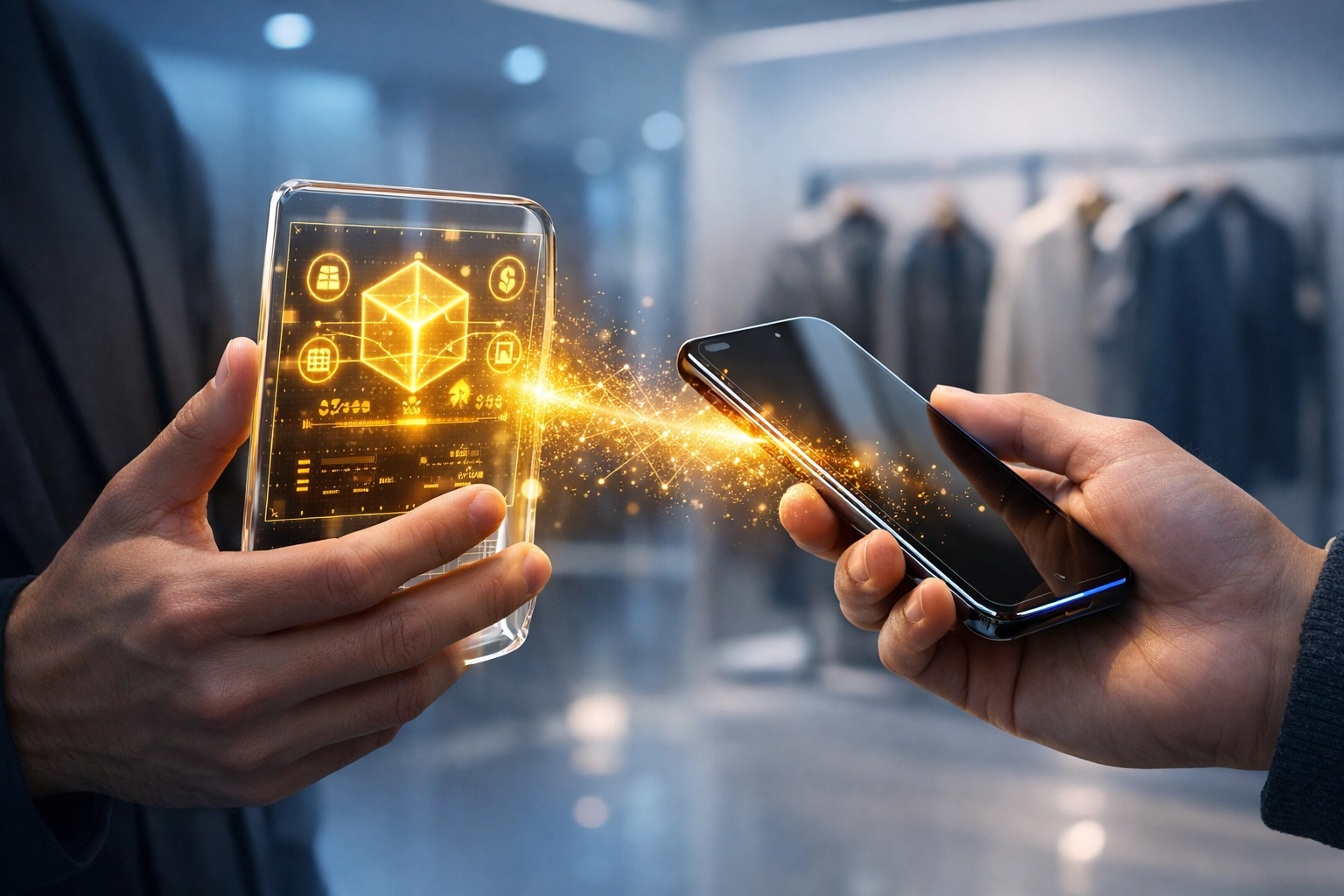 Future of metaverse shopping: A secure blockchain payment being made through a holographic crypto POS terminal.