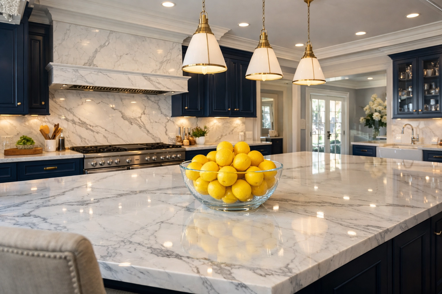 A spotless luxury kitchen in Dover showing results of recurring residential cleaning Massachusetts.